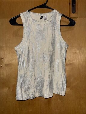 Divided White Tank Top with Silver Metallic Detailing